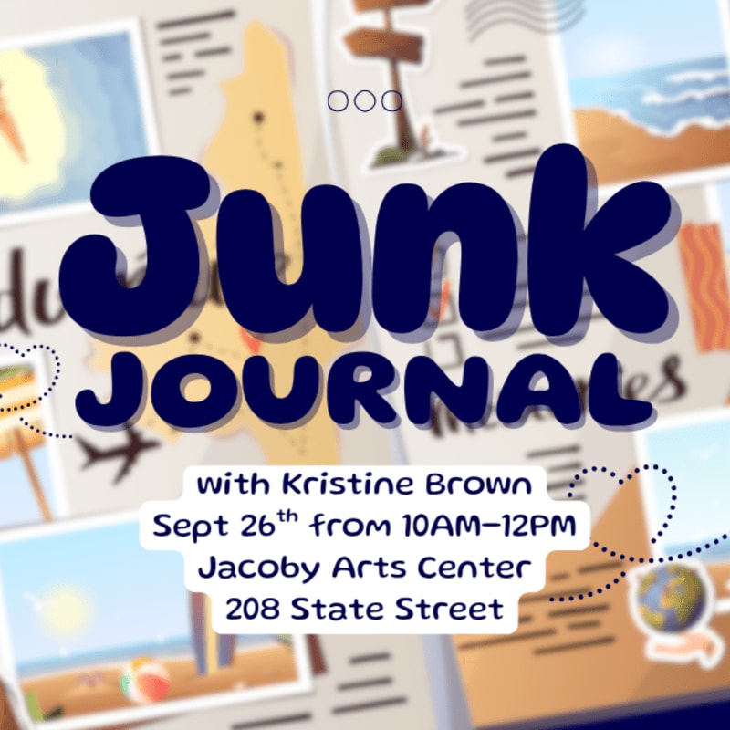 A dark blue "Junk JOURNALS" title overlays a collage of travel-themed images, including beaches and maps, with event details for Kristine Brown's workshop at Jacoby Arts Center in the foreground.