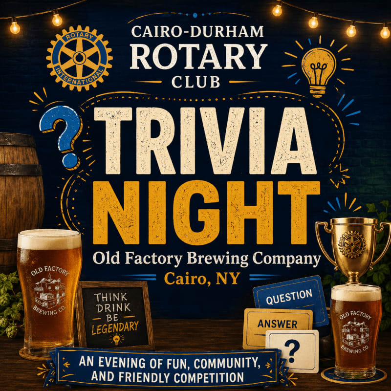 A wooden barrel and a glass of beer are in the foreground, with a trophy and another beer glass to the right, all set against a dark background advertising a Rotary Club trivia night at Old Factory Brewing Company.
