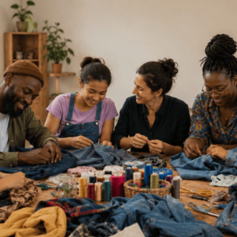Four people are gathered around a table, sewing denim scraps, with shelves of plants and books in the background.