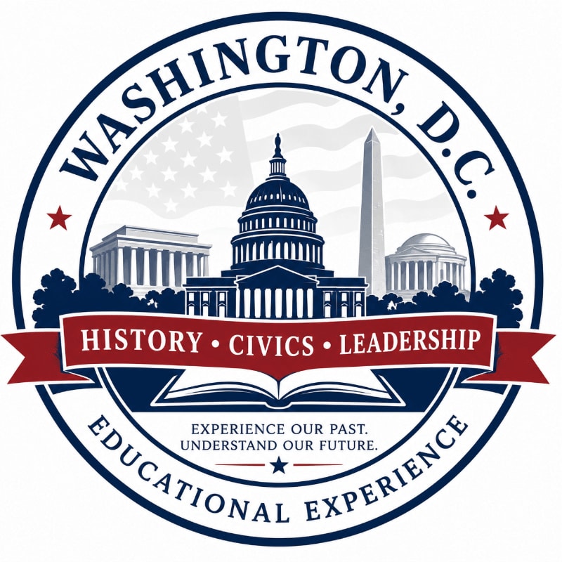 A circular emblem featuring the U.S. Capitol building and Washington Monument in the background, with an open book and text about history, civics, and leadership in the foreground.