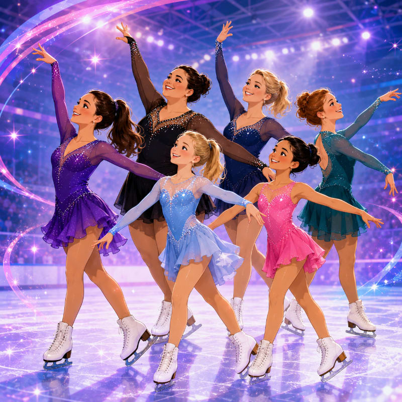 Six figure skaters in colorful costumes pose on an ice rink with a sparkling, stadium-lit background.