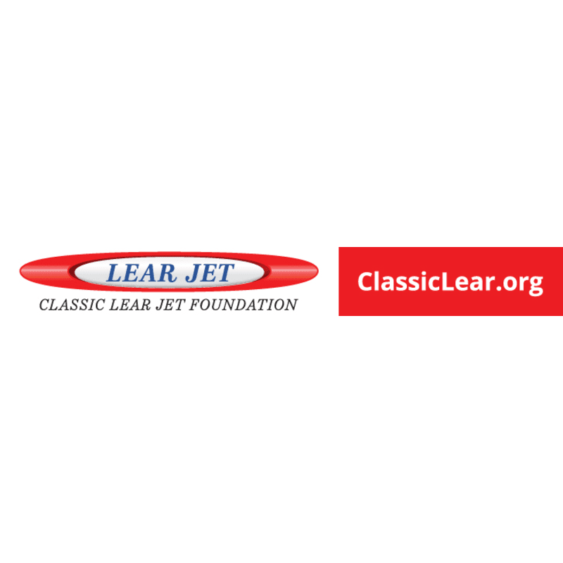 A red oval logo with "LEAR JET CLASSIC LEAR JET FOUNDATION" inside is on the left, and a red rectangle with "ClassicLear.org" is on the right, both against a white background.