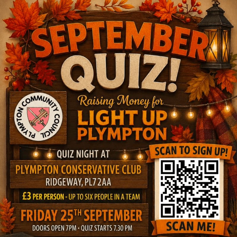 Autumn leaves and a lantern frame a wooden sign advertising a September quiz for "Light Up Plympton" at Plympton Conservative Club, with details and QR codes for signing up.