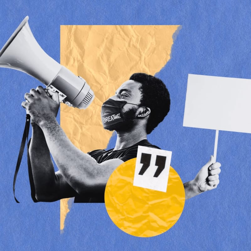 A man in a mask holding a megaphone and a blank sign stands against a collage of textured paper and a blue background.