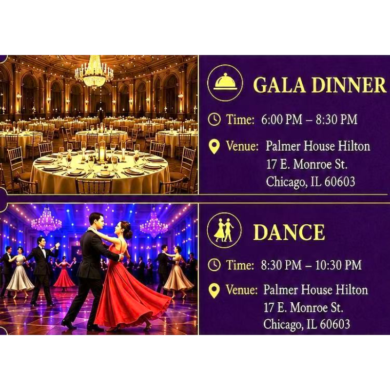 A grand ballroom set for a banquet is in the background, while the foreground shows couples dancing at different events.