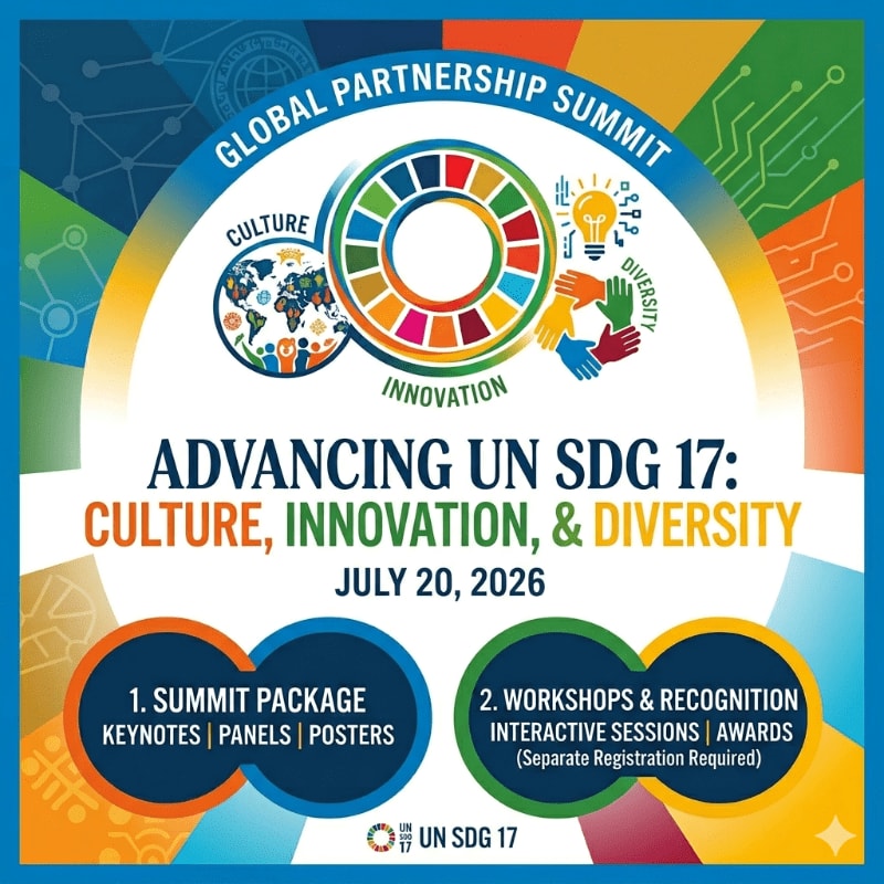 A vibrant graphic for the Global Partnership Summit on Advancing UN SDG 17 features the UN SDG wheel and diverse hands in the foreground, set against a background of abstract circuit board patterns.