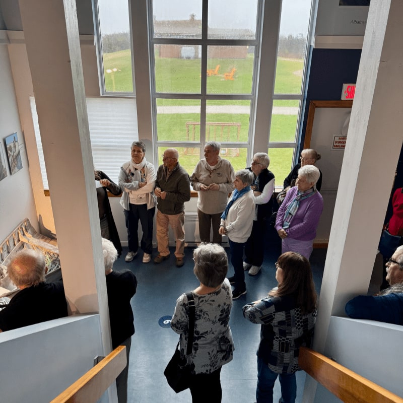 A group of seniors gathers in a brightly lit room with large windows overlooking a grassy field, while others are seen on a staircase in the foreground.