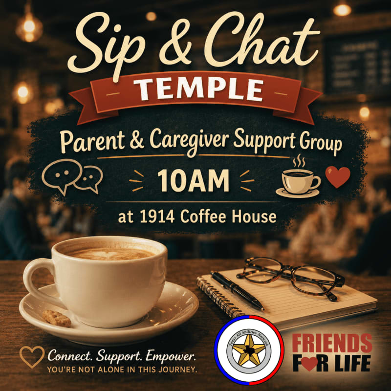 A steaming cup of coffee sits on a saucer in the foreground, with glasses and a notebook beside it, while the background shows a blurred coffee house setting with the text "Sip & Chat TEMPLE Parent & Caregiver Support Group 10AM at 1914 Coffee House" overlayed.