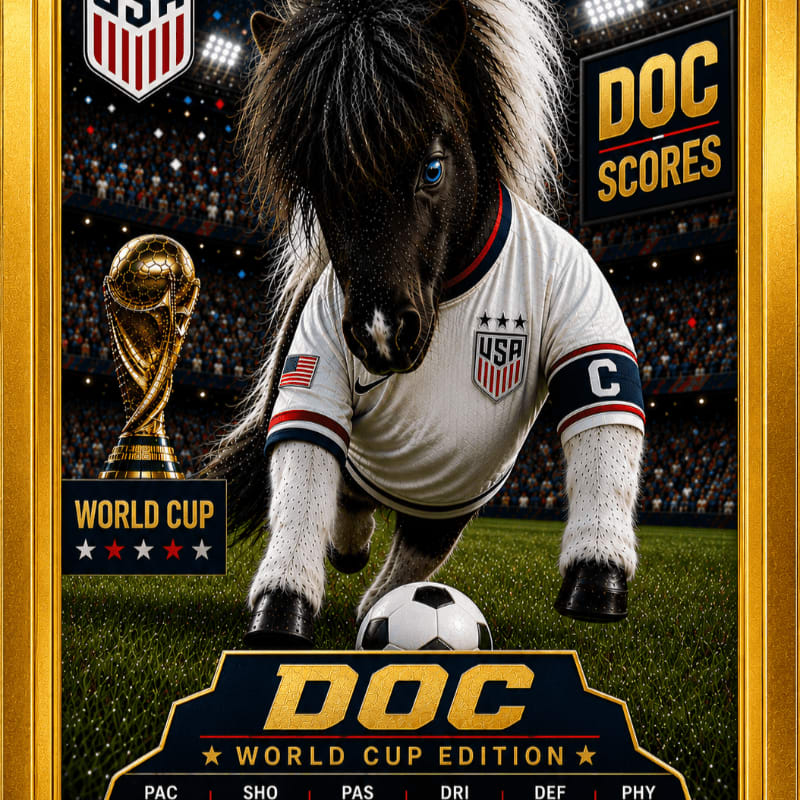 A miniature horse wearing a USA soccer jersey stands on a field with a soccer ball at its feet, while a World Cup trophy and stadium lights fill the background.