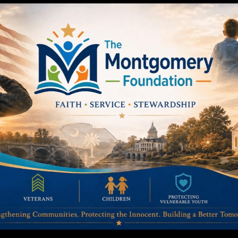 A logo for The Montgomery Foundation, featuring a stylized "M" and the words "FAITH SERVICE STEWARDSHIP," is overlaid on a background image of a sunset over a cityscape with an American flag and a silhouette of a child.