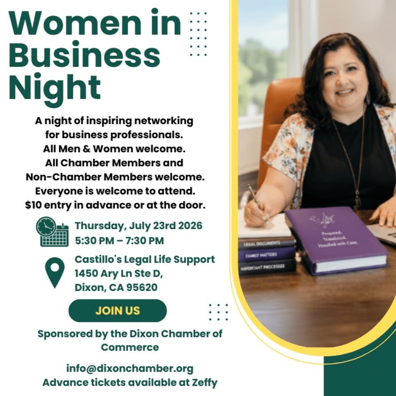 A woman in a floral shirt sits at a desk with books in front of her, while event details for "Women in Business Night" are displayed on the left.