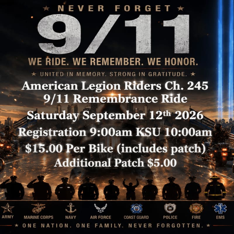 Silhouettes of military and first responder personnel stand in the foreground against a blurred background of city lights and the "9/11 NEVER FORGET" text.