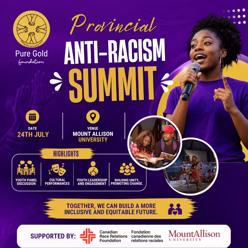 A young woman speaks into a microphone at the Provincial Anti-Racism Summit, with event details and highlights displayed against a purple background.