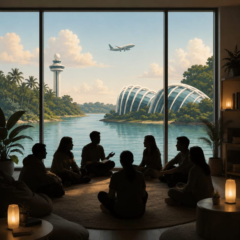 A group of people sit in a circle on the floor in the foreground, while a panoramic window in the background reveals a lush tropical landscape with a river, futuristic domes, a control tower, and a plane in the sky.