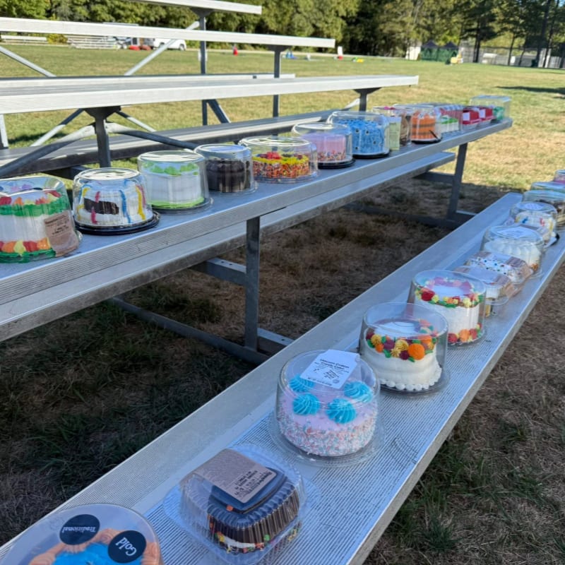 Rows of colorful, individually packaged cakes are displayed on bleachers in a park setting with trees and a field in the background.