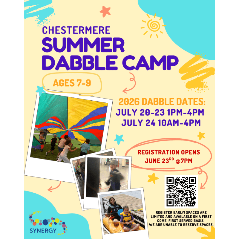 A colorful poster advertises Chestermere Summer Dabble Camp for ages 7-9, featuring photos of children engaged in activities like parachute play and kayaking against a bright, abstract background with playful doodles.
