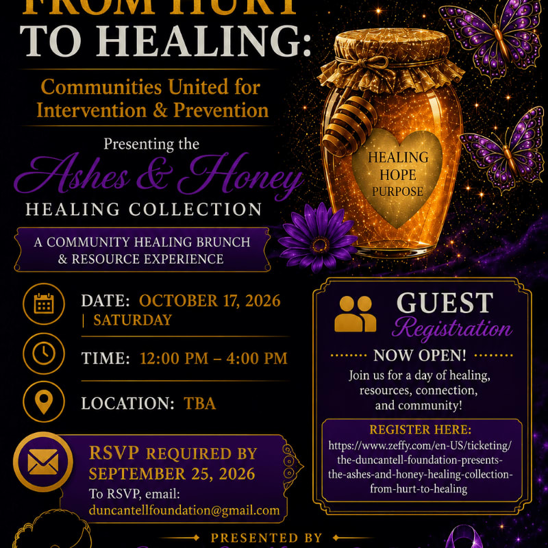 A flyer for a "Ashes & Honey Healing Collection" event on October 17, 2026, features a jar of honey with butterflies in the background and event details in the foreground.
