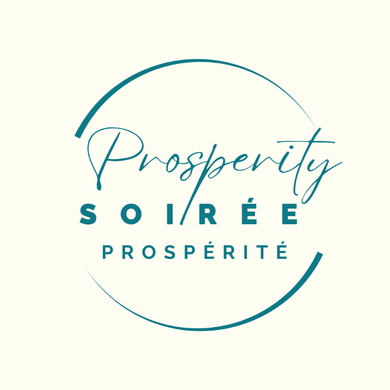 A teal circular logo with the word "Prosperity" in script above "SOIRÉE" and "PROSPÉRITÉ" in block letters, all set against a cream background.
