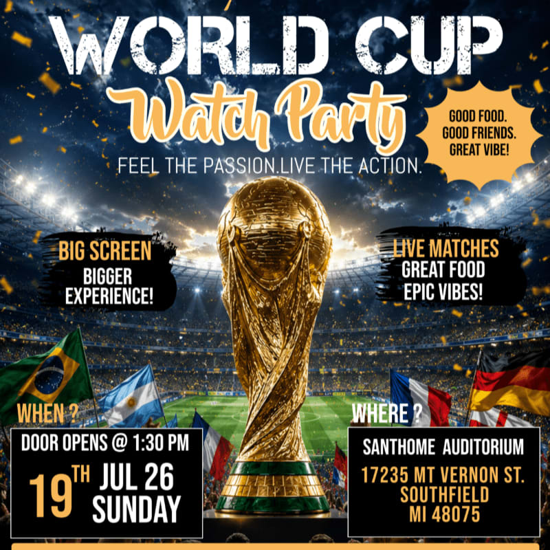A golden World Cup trophy stands prominently in the foreground against a backdrop of a cheering stadium crowd and flags, advertising a watch party with details about the event.