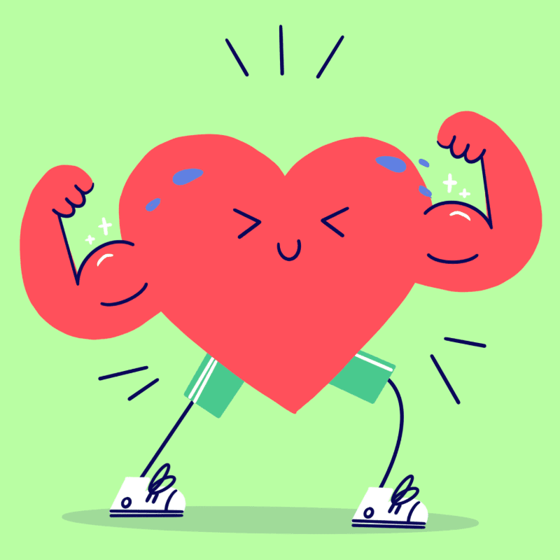 A cartoon heart with muscular arms and legs flexes its biceps in the foreground against a light green background.