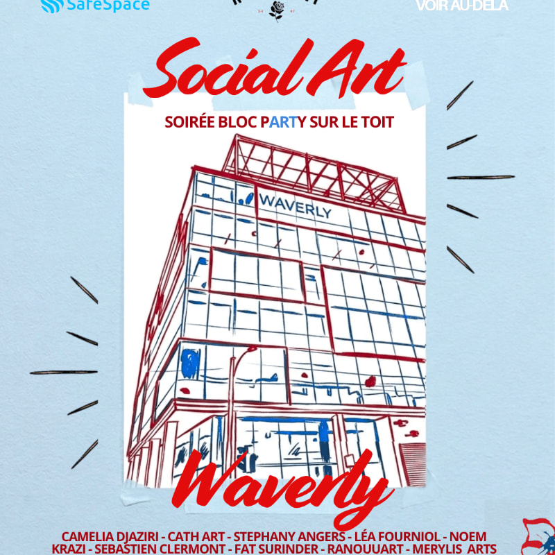 A sketch of a building with "Waverly" written on it is in the background, while the foreground displays event details and artist names.