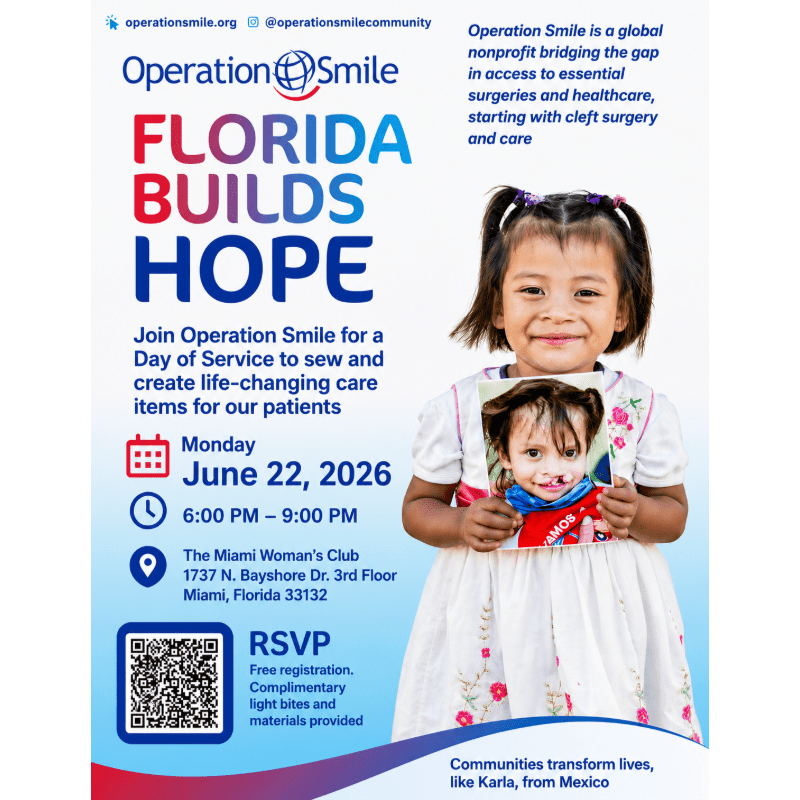 A smiling young girl in the foreground holds a photo of another child, while the background features a flyer for an Operation Smile event in Florida.