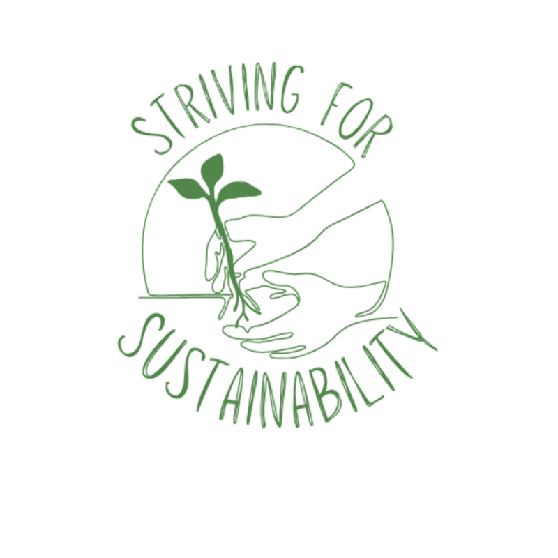 Two hands cradle a seedling with roots in the foreground, while the words "STRIVING FOR SUSTAINABILITY" encircle them in the background.