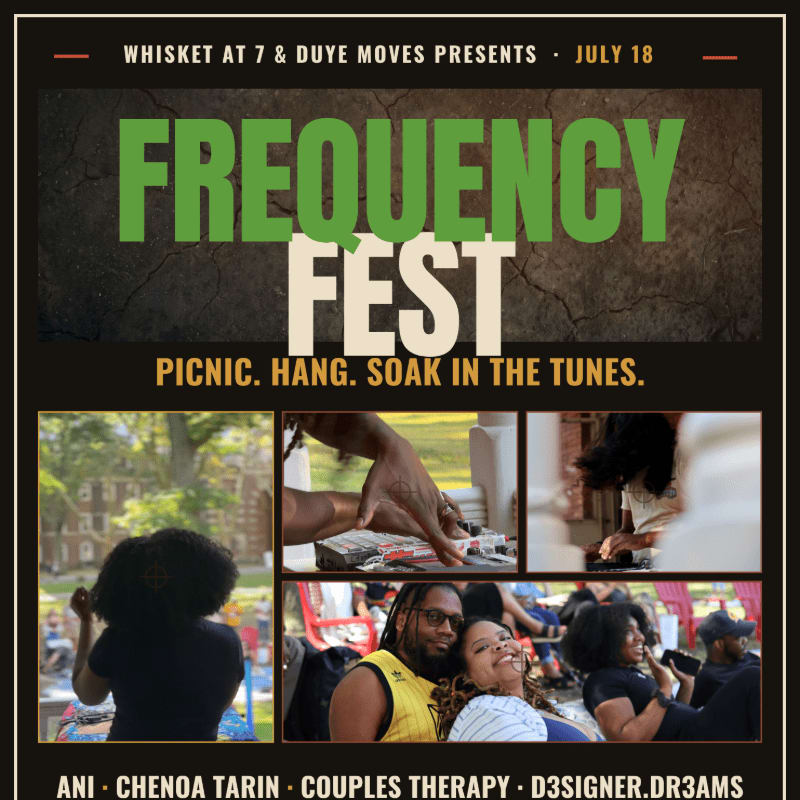 A flyer for "Frequency Fest" on July 18th features a textured background with the event title in large green and white lettering, and a collage of photos in the foreground showing people enjoying a picnic and music.