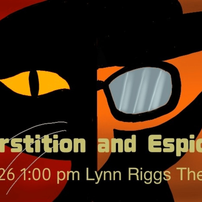 A stylized black cat with orange accents and sunglasses is superimposed over a background with text that reads "rstition and Espi" and "26 1:00 pm Lynn Riggs The".