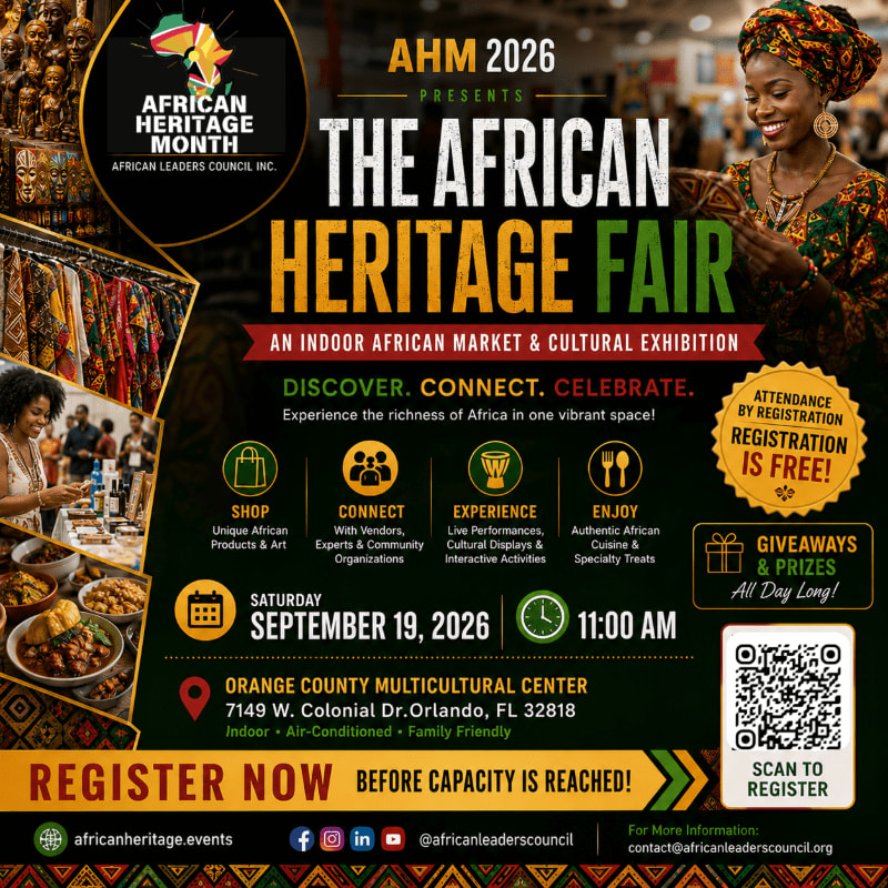 A vibrant poster advertises the African Heritage Fair, featuring colorful graphics of people and African art in the foreground, with event details and a QR code for registration in the background.