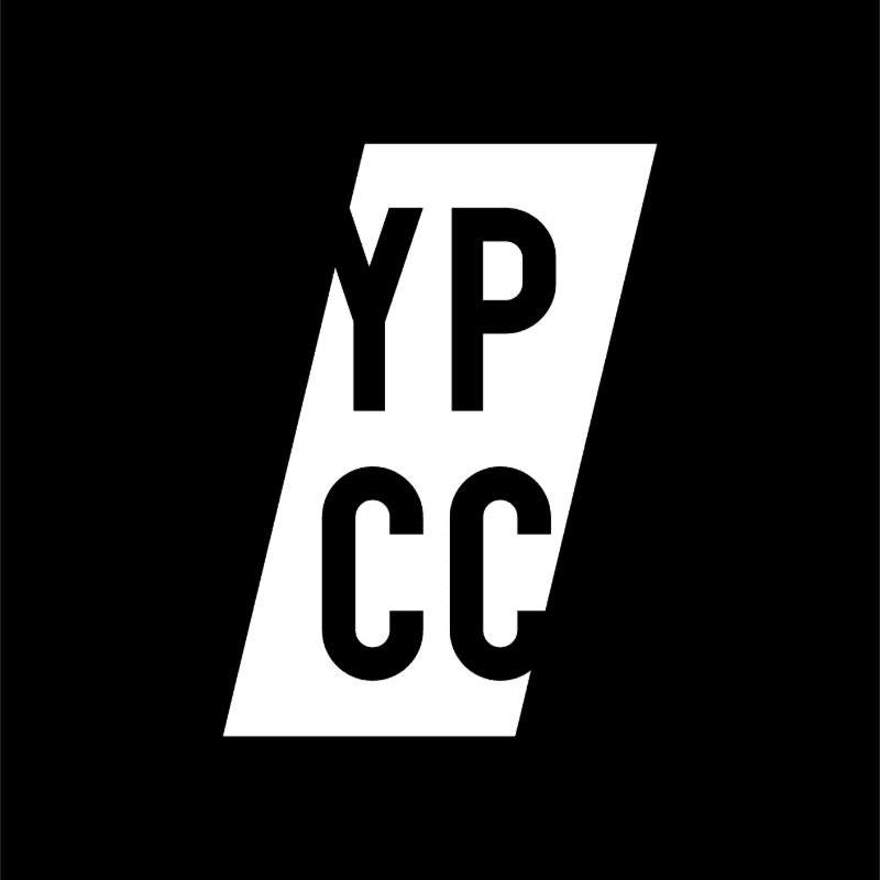 Bold white letters "YP CC" are slanted on a white parallelogram against a solid black background.