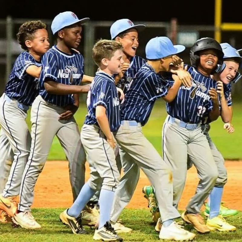 A group of young baseball players in blue and white striped uniforms celebrate on a grassy field with a blurred background of a baseball diamond.