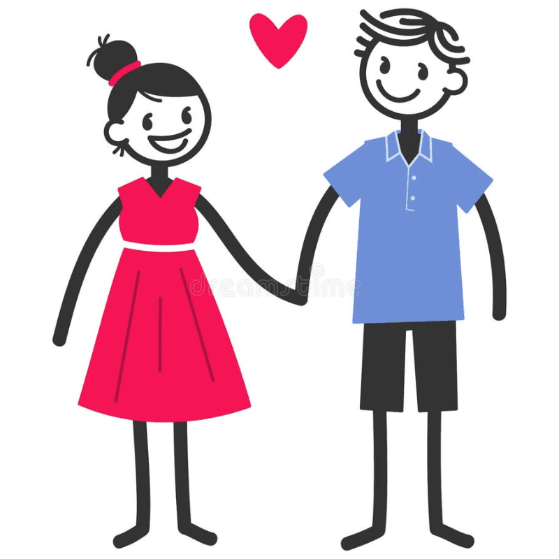 A stick-figure couple, a girl in a red dress and a boy in a blue shirt and shorts, hold hands under a red heart against a white background.