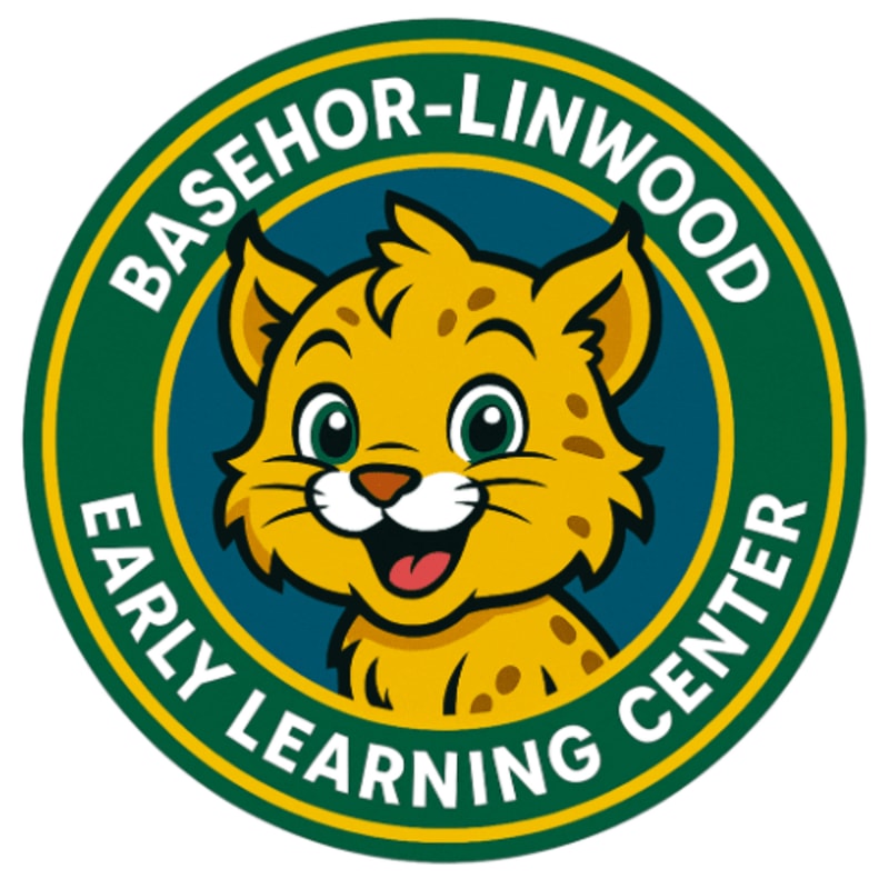 A cheerful cartoon bobcat with green eyes and a wide smile is featured in the foreground, set against a dark blue circular background with the words "BASEHOR-LINWOOD EARLY LEARNING CENTER" in a yellow and green ring.