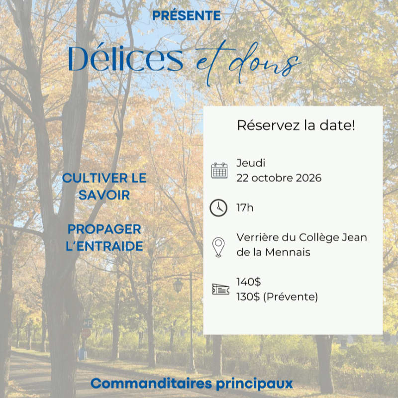 A flyer with event details for "Délices et dons" is overlaid on a blurred background of autumn trees.