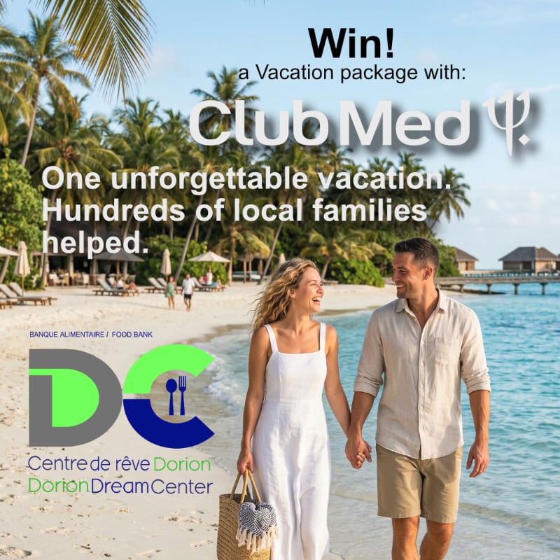 A happy couple walks hand-in-hand on a tropical beach with palm trees and overwater bungalows in the background, while a logo for a food bank and a vacation giveaway are superimposed.