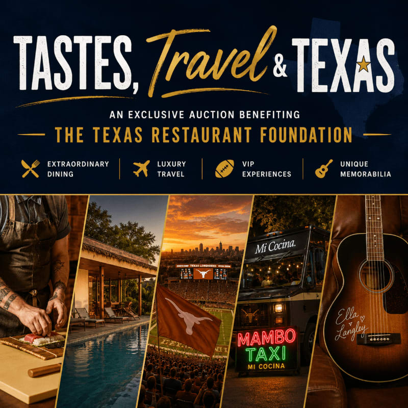 A collage of images showcasing culinary arts, luxury travel, a football stadium, and a guitar is presented against a dark blue background with event details for "Tastes, Travel & Texas."
