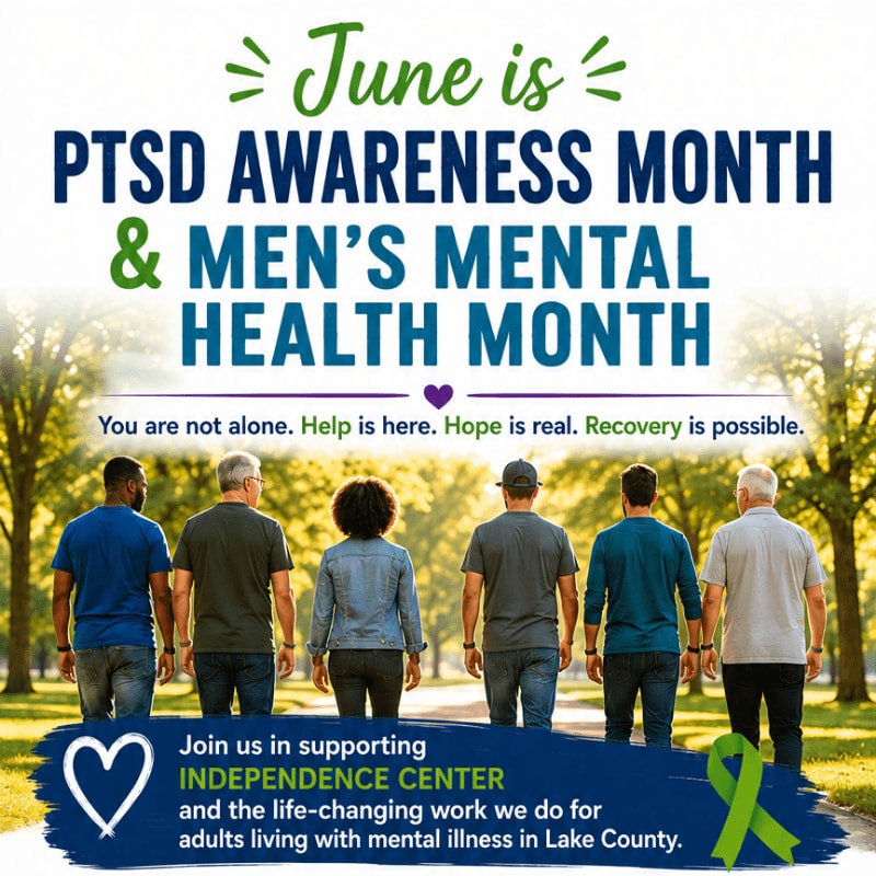 Six individuals walk down a tree-lined path in the foreground, while the background features text announcing June as PTSD Awareness Month and Men's Mental Health Month.