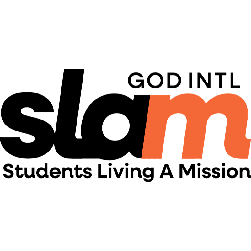 The foreground features the bold, black and orange "slam" logo with "GOD INTL" above it, while the background is a plain white.