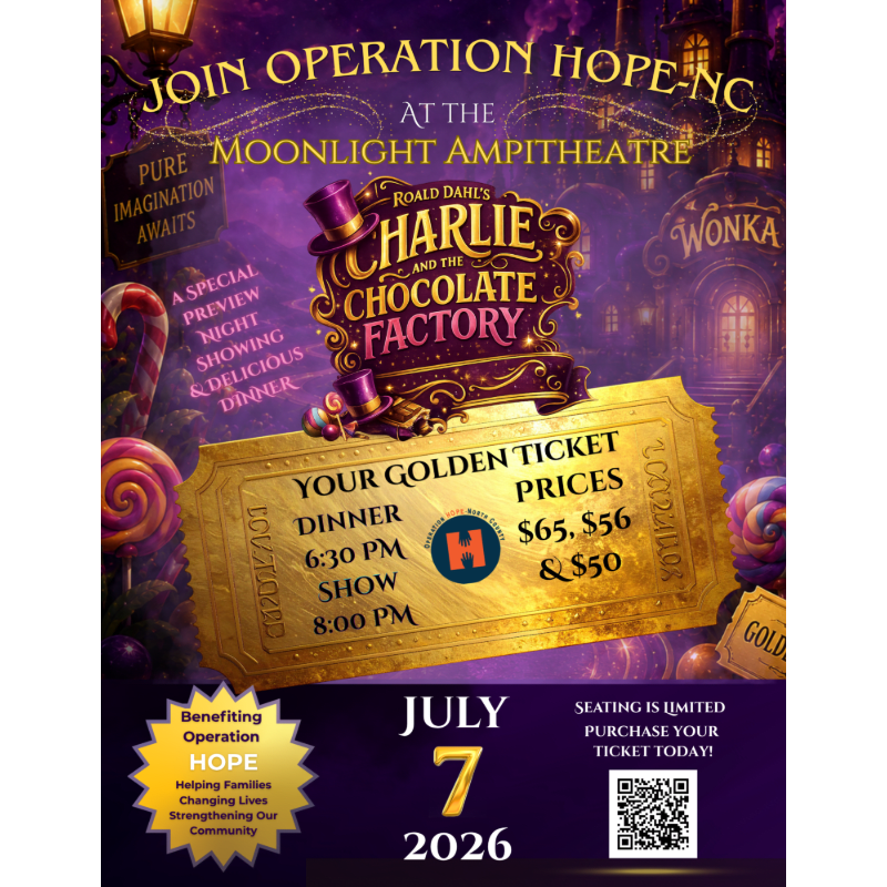 A golden ticket for "Charlie and the Chocolate Factory" at the Moonlight Amphitheatre is displayed against a whimsical, starry background with candy elements.