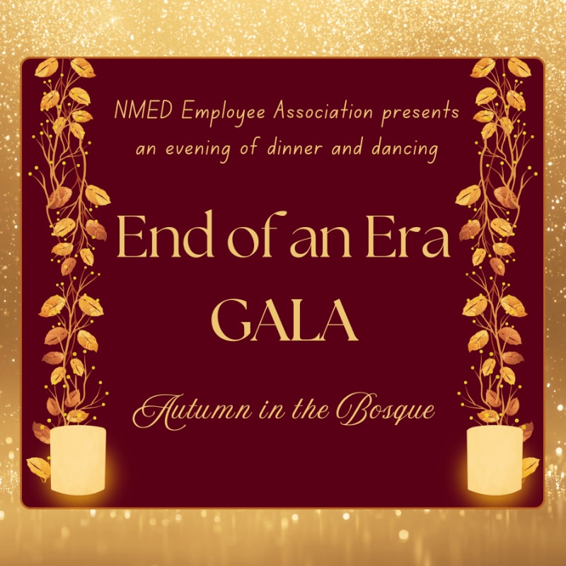 A maroon rectangular invitation with "End of an Era GALA" prominently displayed in gold text, framed by autumn leaves and lit candles, is set against a sparkling gold background.