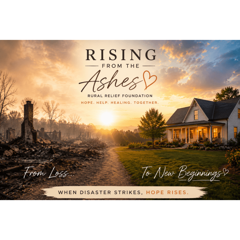 A path leads from a scene of destruction on the left to a bright, welcoming house on the right, under a dramatic sunset sky.