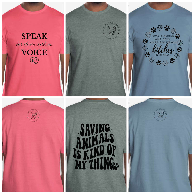 Six t-shirts with animal-themed slogans are displayed against a white background, with the foreground featuring the front and back of three different colored shirts.