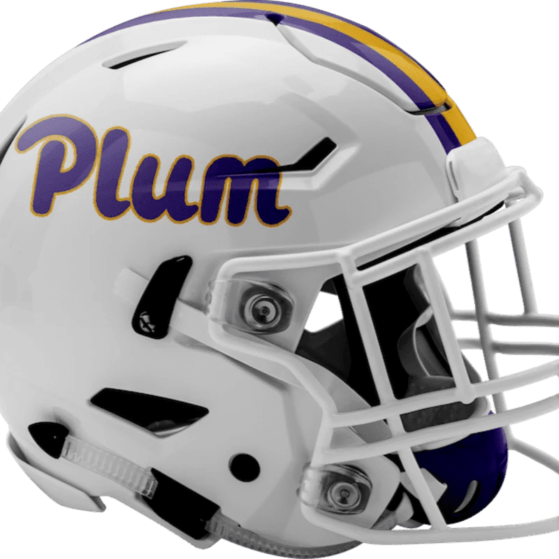 A white football helmet with "Plum" in purple and gold lettering on the side sits against a plain white background.