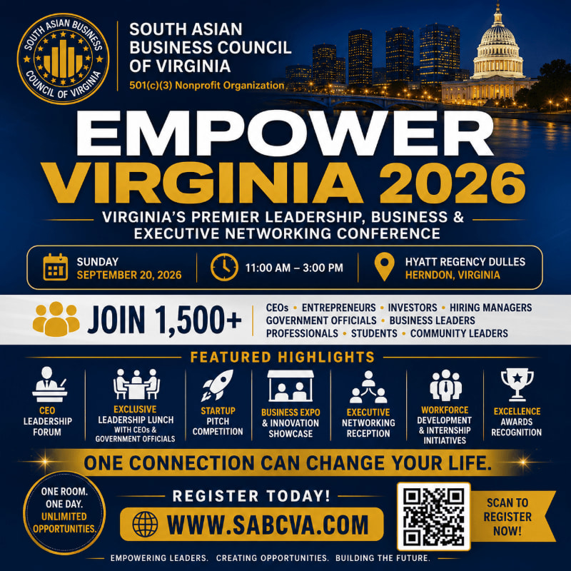 A flyer for the "Empower Virginia 2026" conference is displayed with a city skyline in the background and event details in the foreground.
