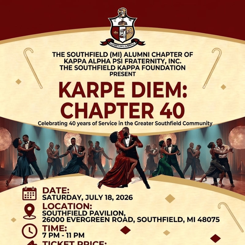 A couple dances in the foreground of an event poster celebrating 40 years of service, with a background featuring other dancing couples and event details.