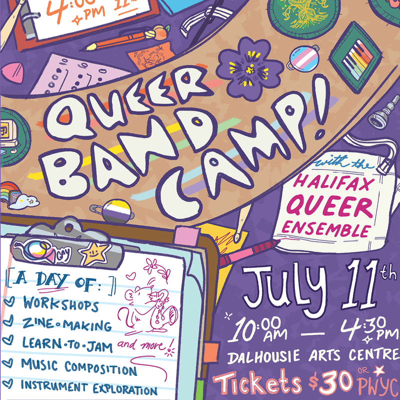 A colorful, hand-drawn poster for "Queer Band Camp!" features a clipboard with event details in the foreground and a vibrant, celebratory background with musical and LGBTQ+ symbols.