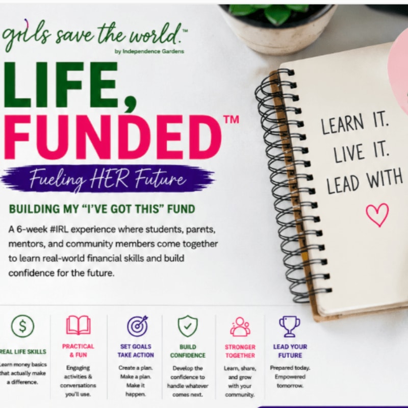 A notebook with inspirational quotes sits in the foreground next to a graphic promoting a financial literacy program for girls.