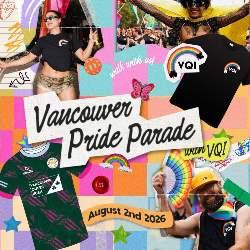 A vibrant collage celebrates the Vancouver Pride Parade with images of participants, merchandise, and event details against a colorful, abstract background.