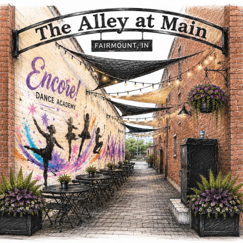 A charming alleyway with tables and chairs in the foreground leads to a vibrant mural and string lights overhead, under a sign that reads "The Alley at Main Fairmount, IN."